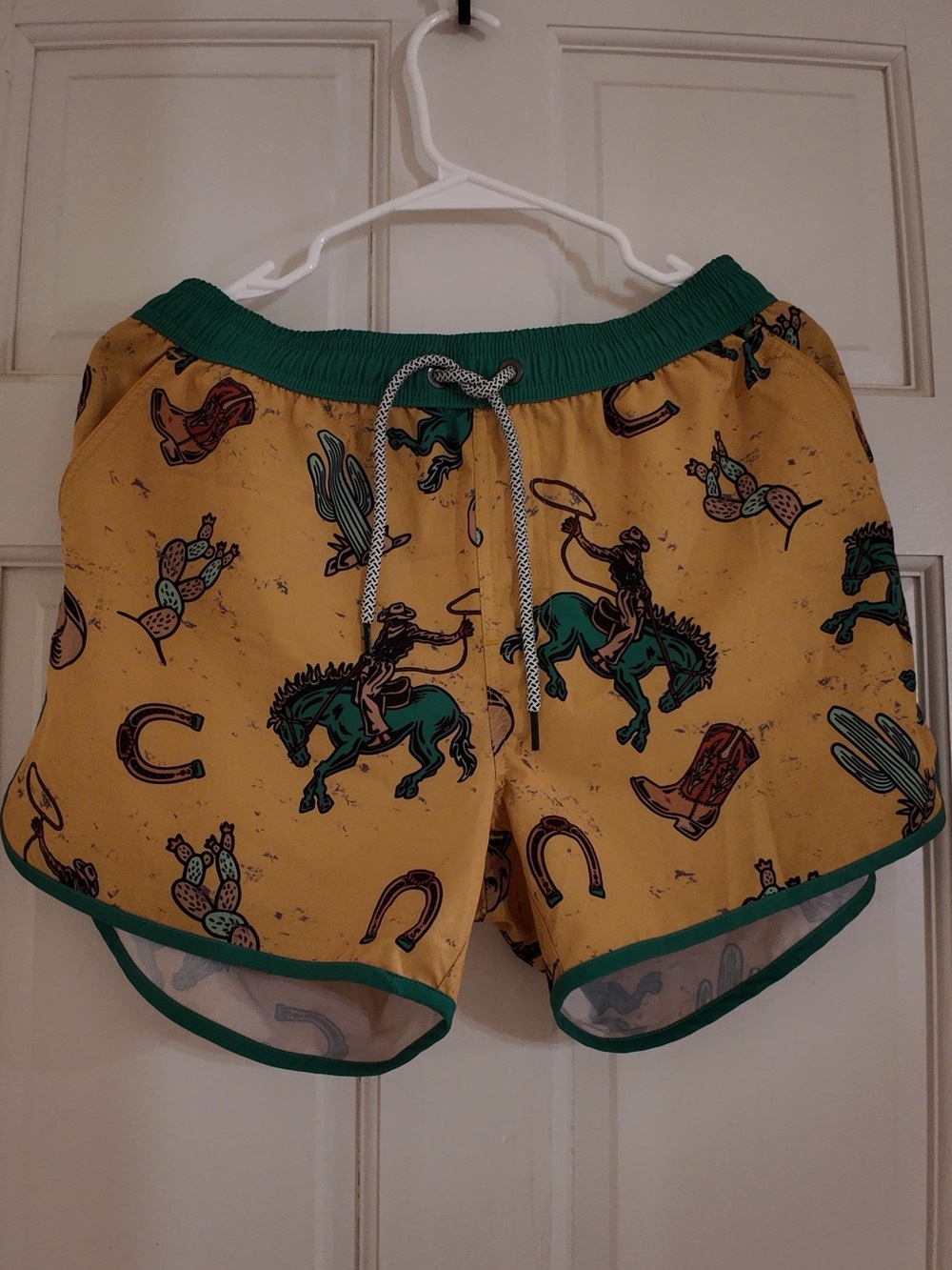 Yellow Cowboy Print Men's Swim Shorts with Green Trim